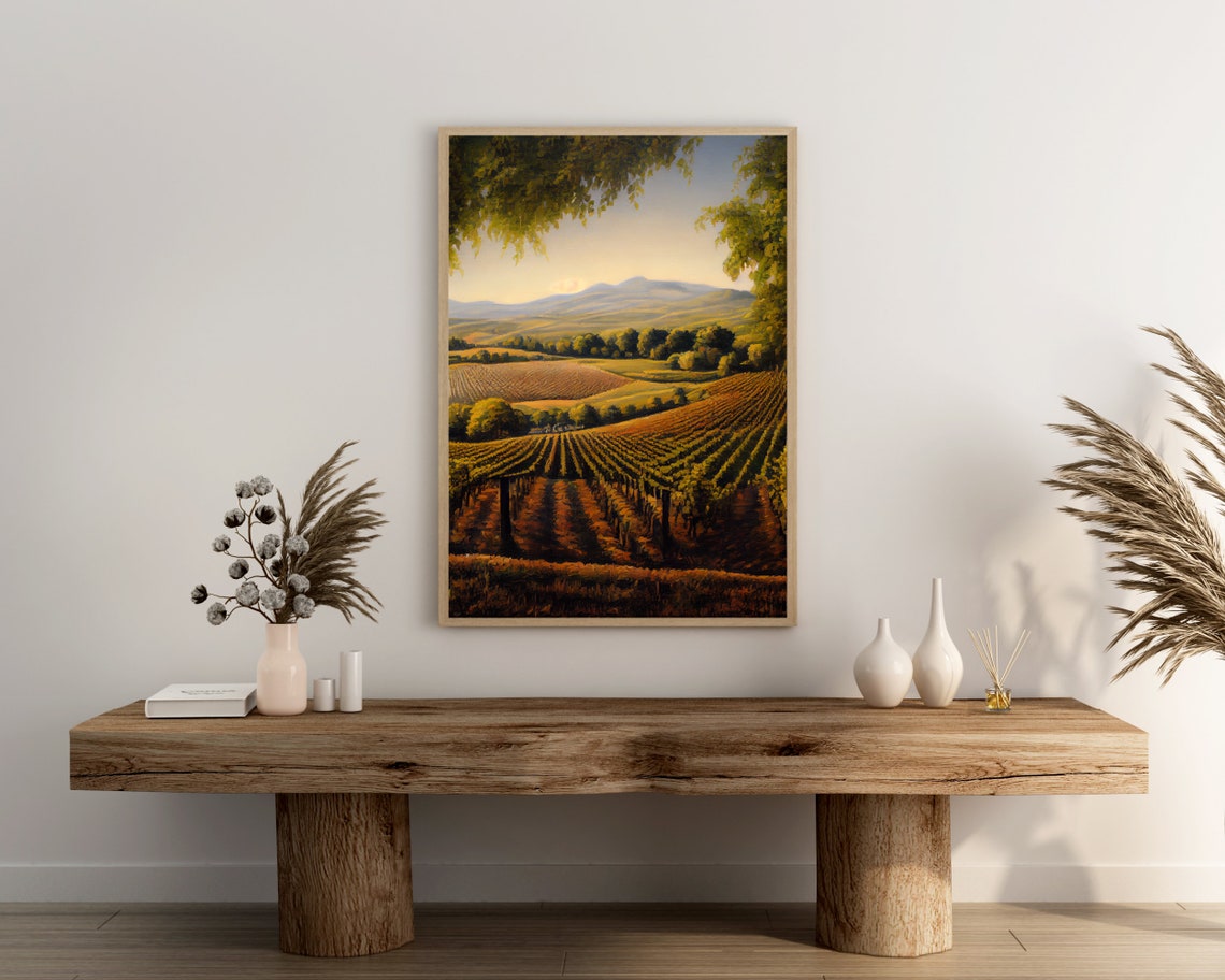 Sunset Vineyard Rows Rolling Hills Golden Oil Painting Art Poster - Image 3