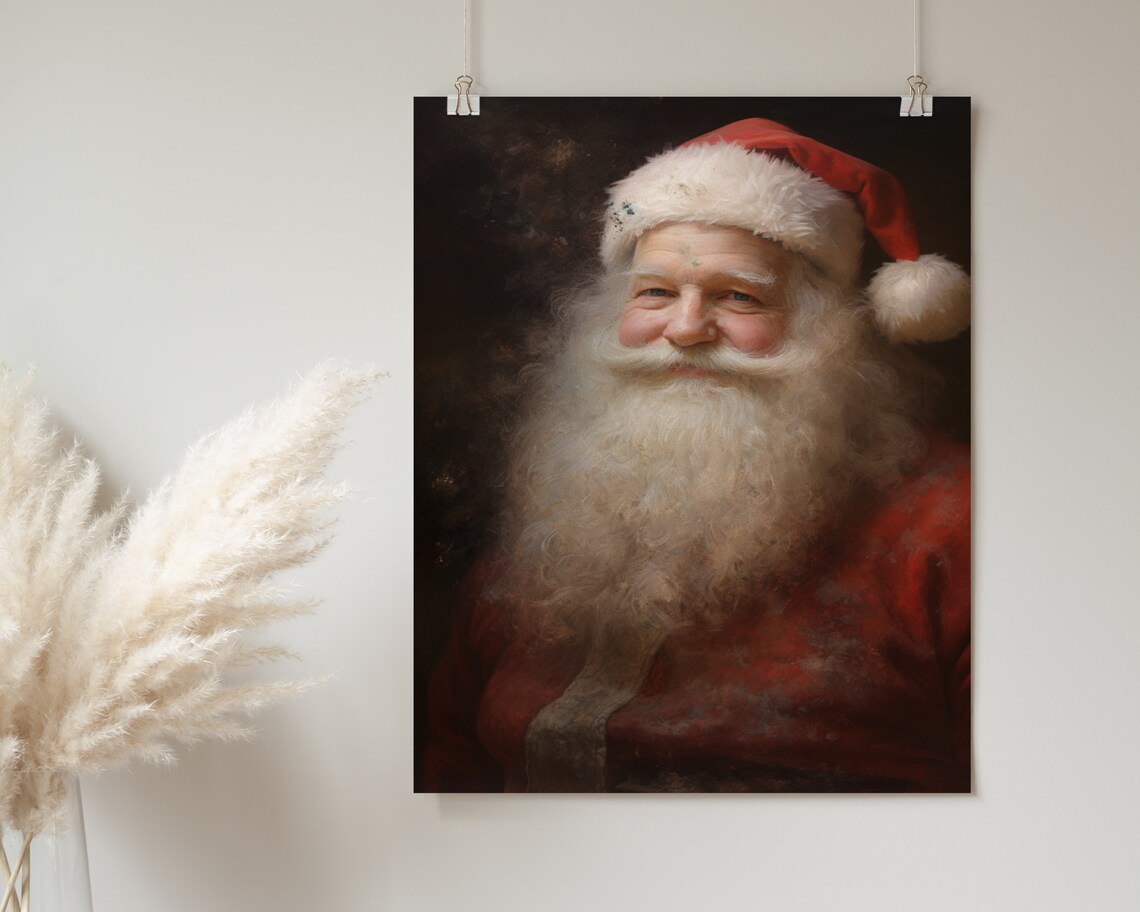 Classic Santa Claus Portrait with White Beard Vintage Christmas Oil Painting Poster - Image 2