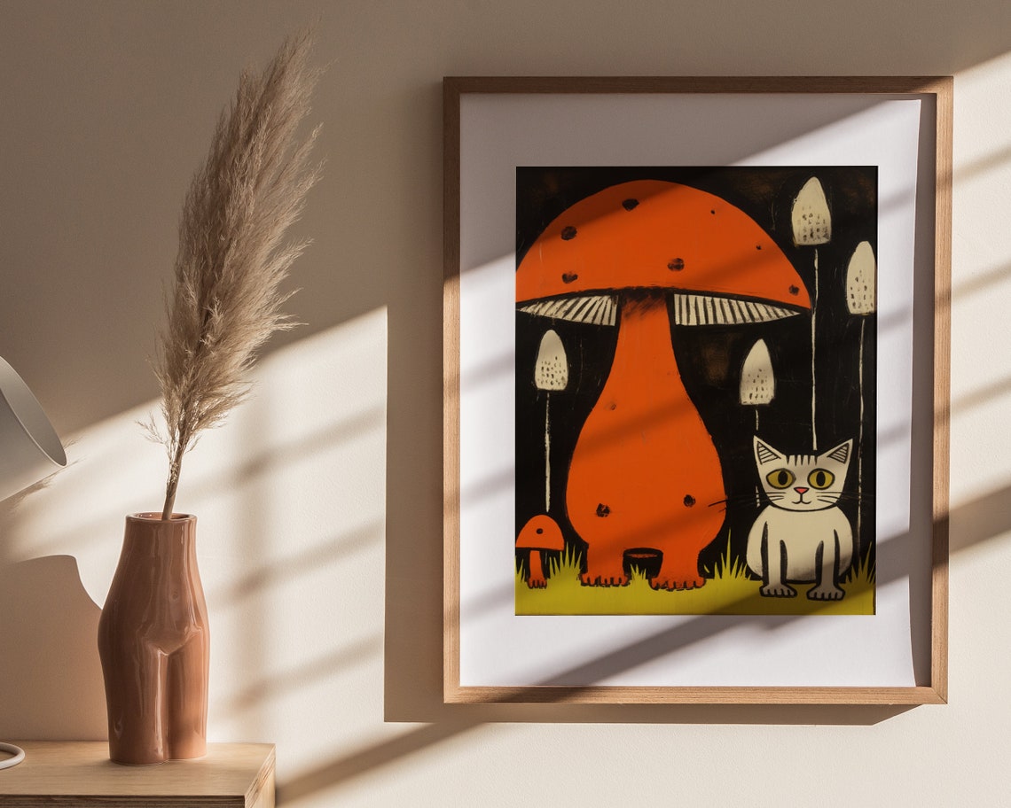 White Cat Beside Giant Orange Mushroom Retro Style Art Poster - Image 4