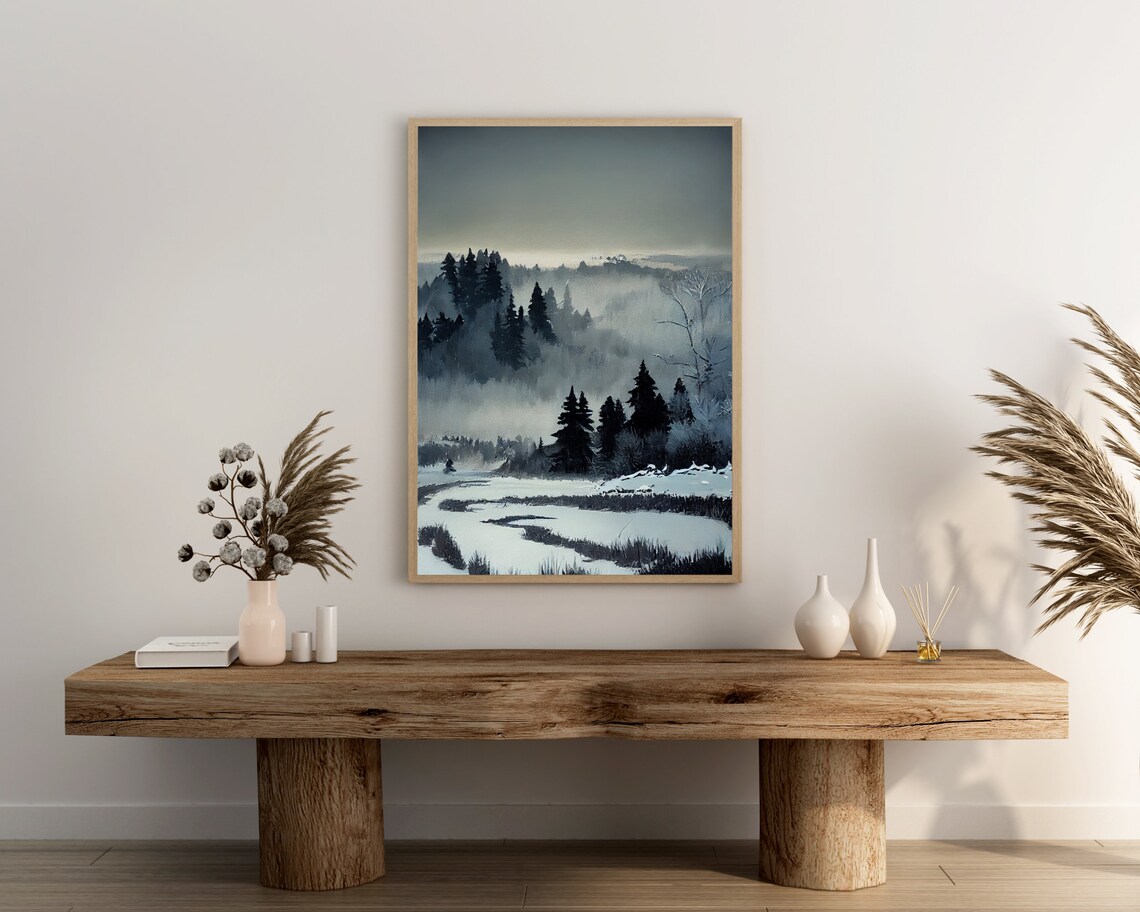 Misty Winter Forest Snowy Pines Foggy Woodland Oil Painting Art Poster - Image 3