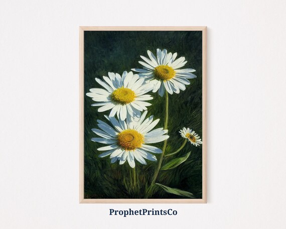 Three White Daisies With Yellow Centers Oil Painting Dark Green Art Poster