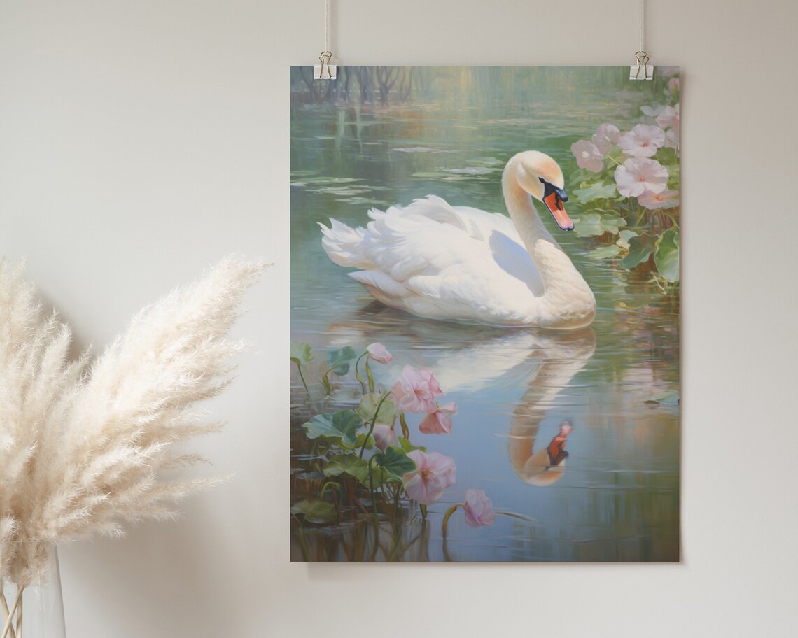White Swan Pink Water Lilies Classical Lake Painting Wall Poster - Image 2