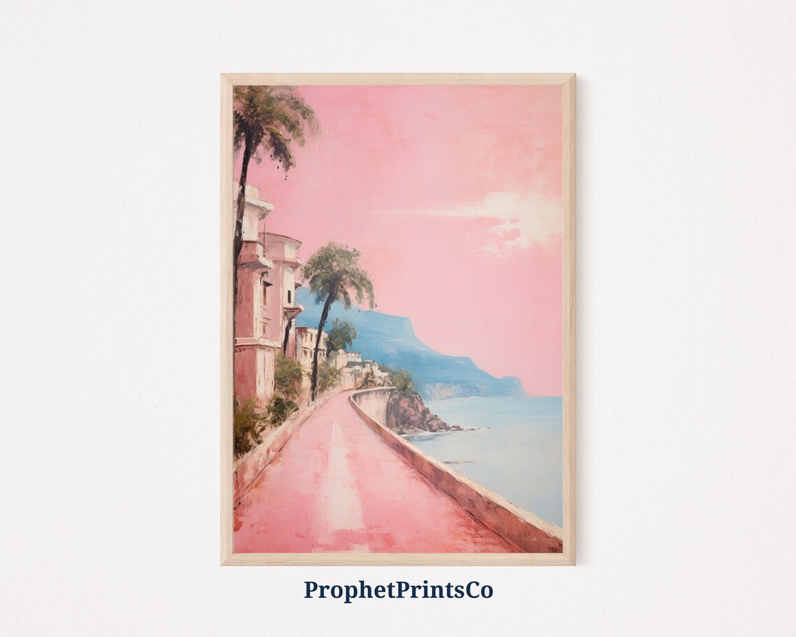 Pink Amalfi Coast Seaside Road Palm Trees Dreamy Travel Art Poster