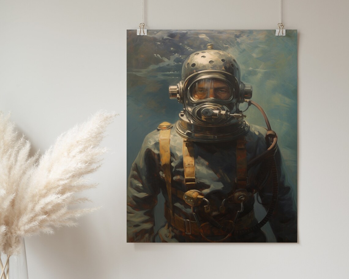 Antique Deep Sea Diver Copper Helmet Portrait Painting Poster - Image 2