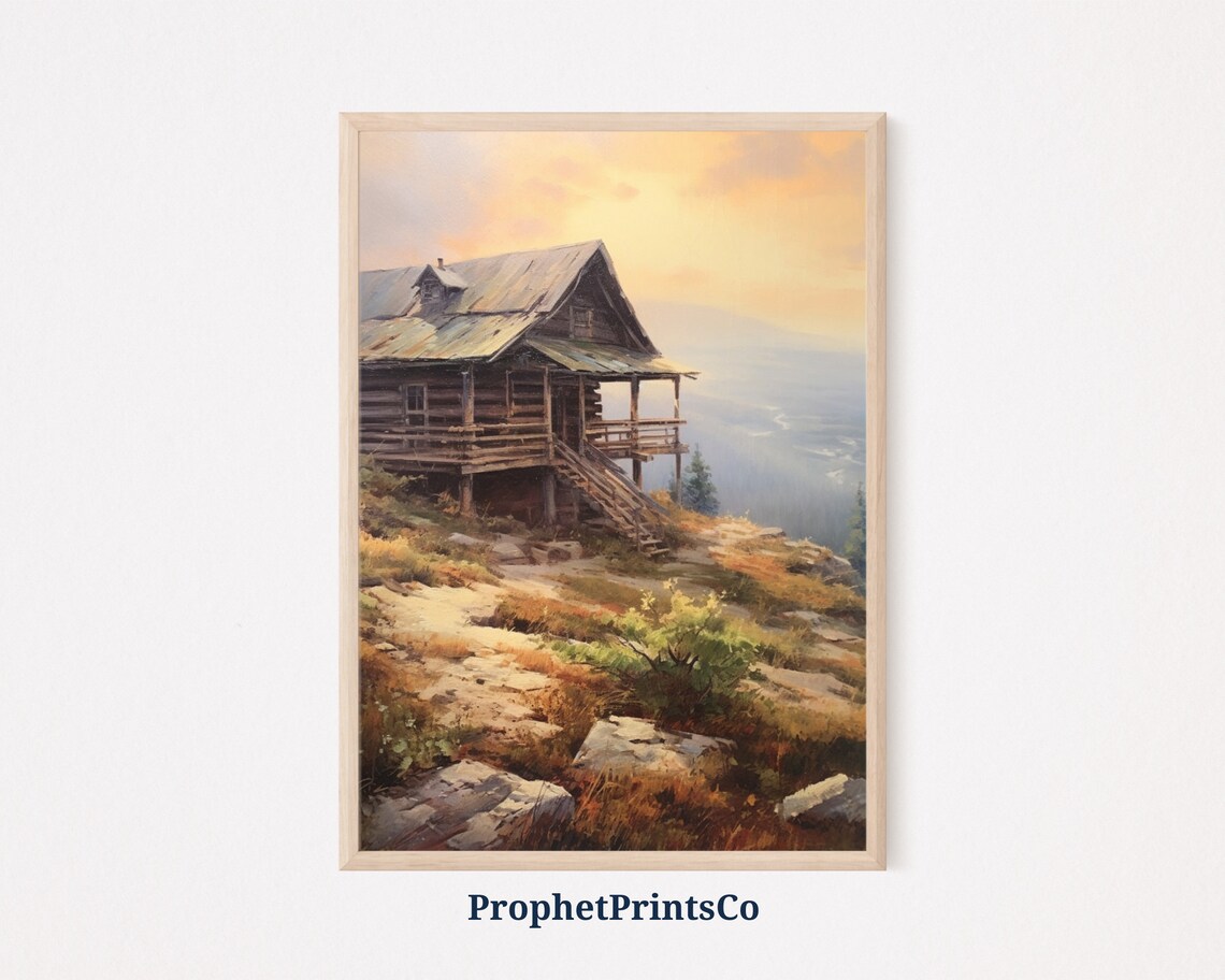 Log Cabin Clifftop Golden Hour Overlook Rustic Oil Painting Poster