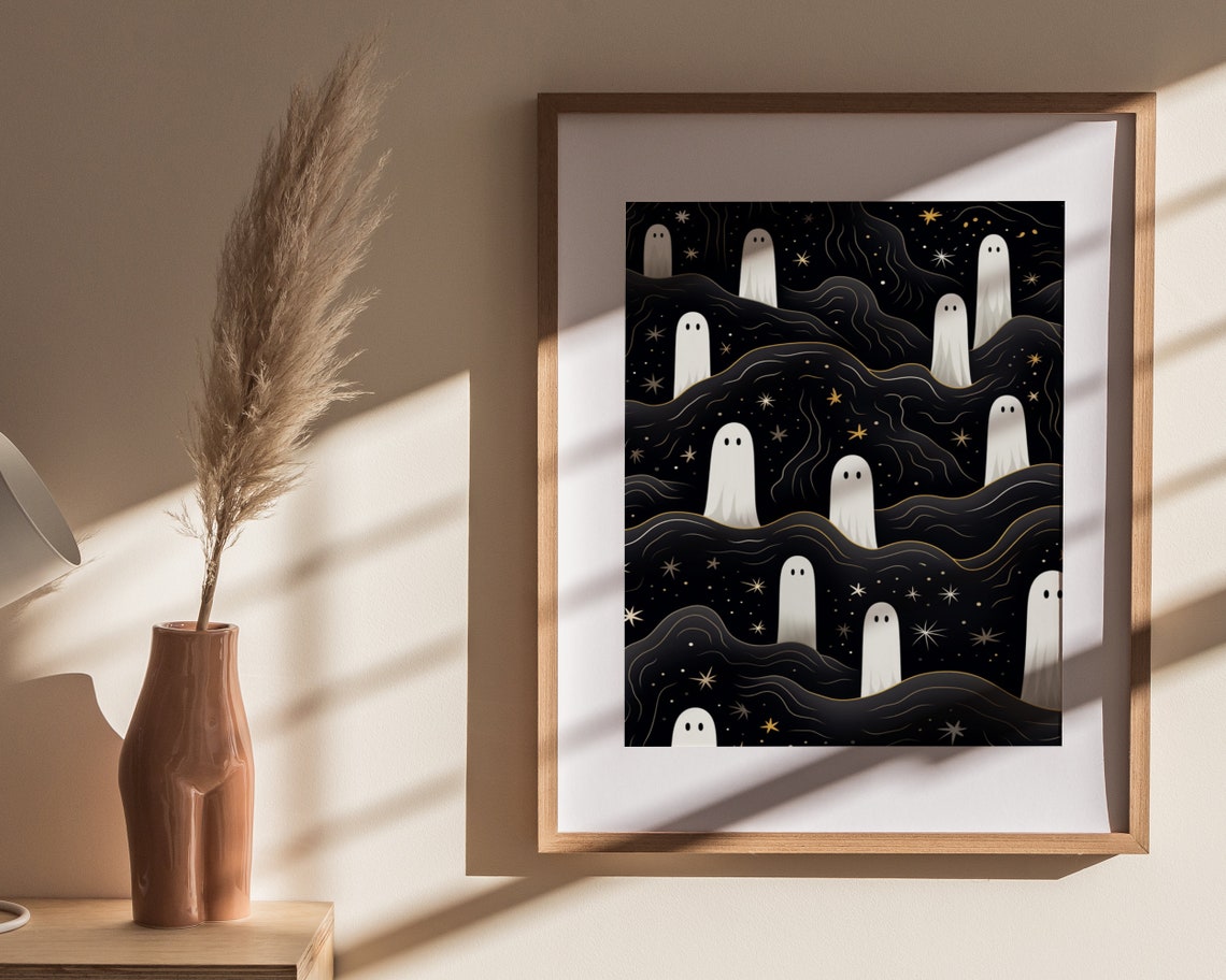 Cute Ghosts On Starry Night Hills Gold Stars Halloween Poster - Image 4