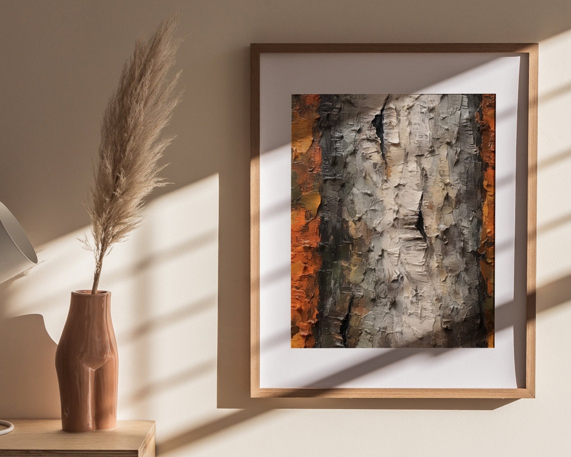 Gray Birch Bark Oil Painting Textured Rust Orange Nature Poster - Image 4