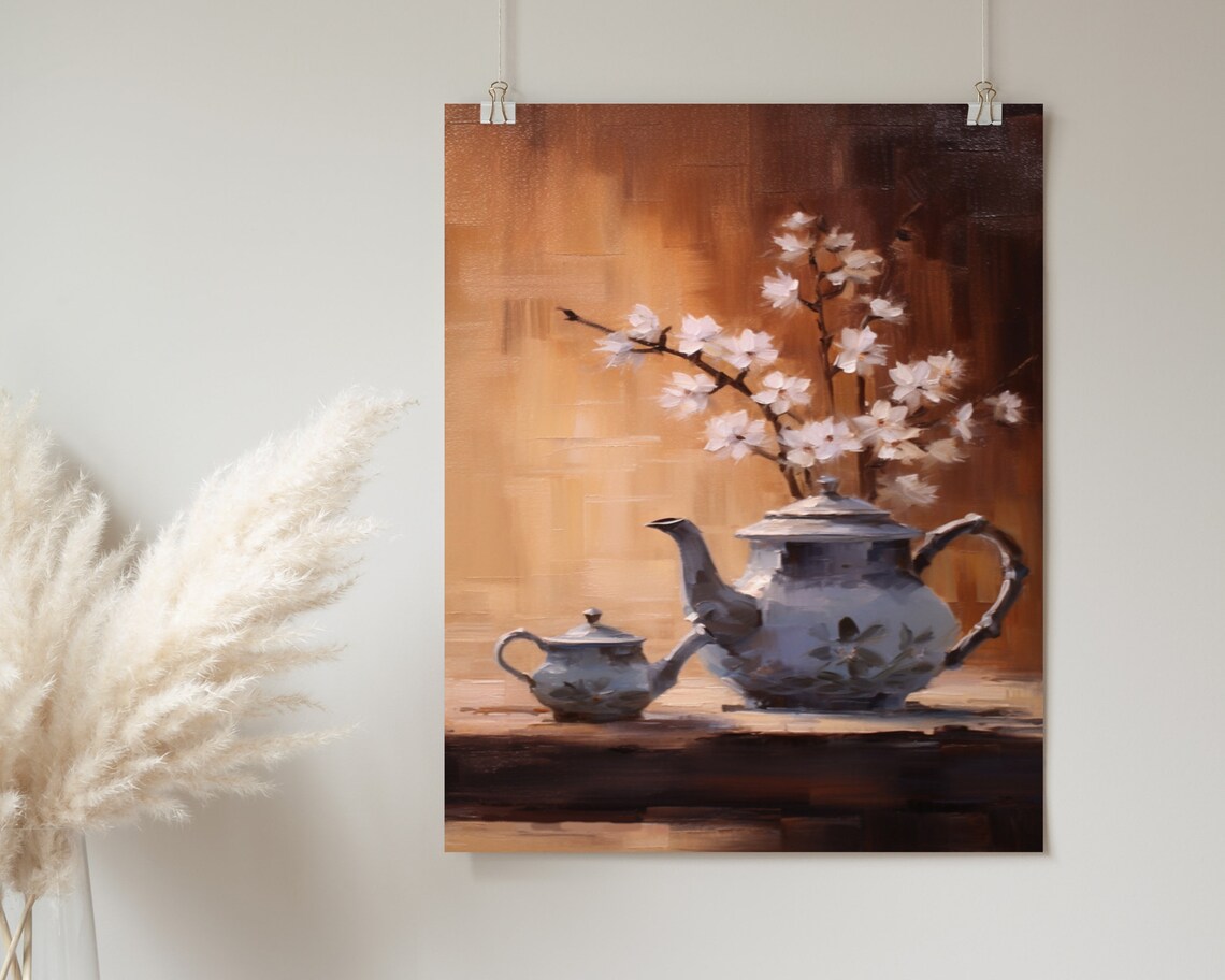 Teapot and Blossom Branches Still Life Warm Oil Painting Poster - Image 2