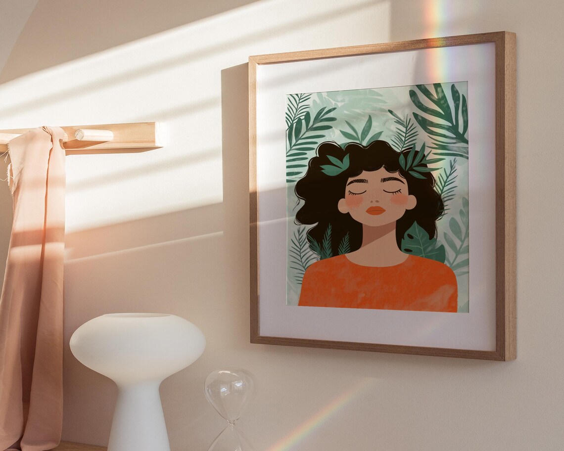 Floral Woman Portrait Curly Dark Hair Orange Top Leafy Poster - Image 3