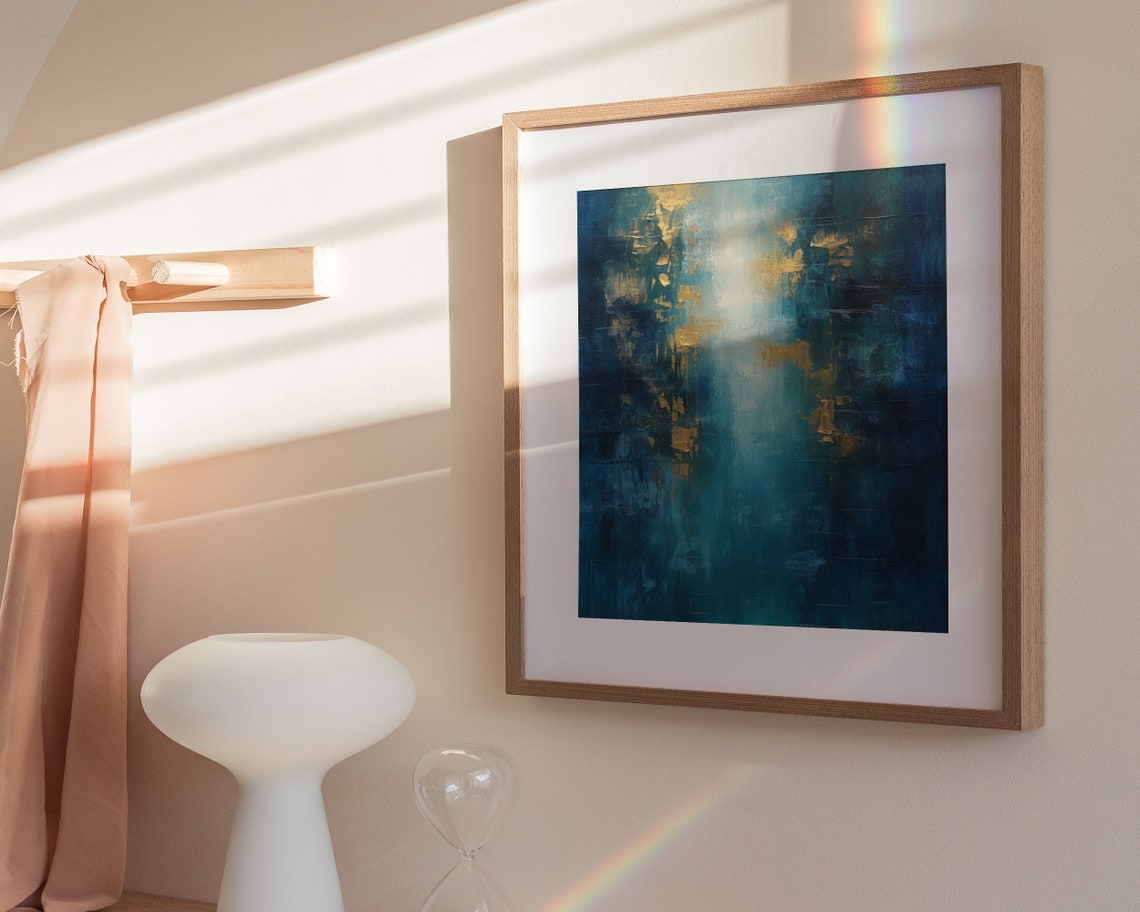 Deep Midnight Blue Gold Abstract Light Column Modern Art Poster - Image 2