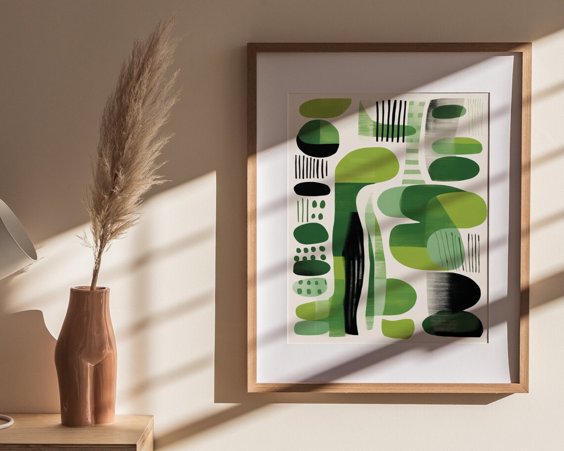 Green Abstract Boho Organic Shapes With Black Line Art Poster - Image 4