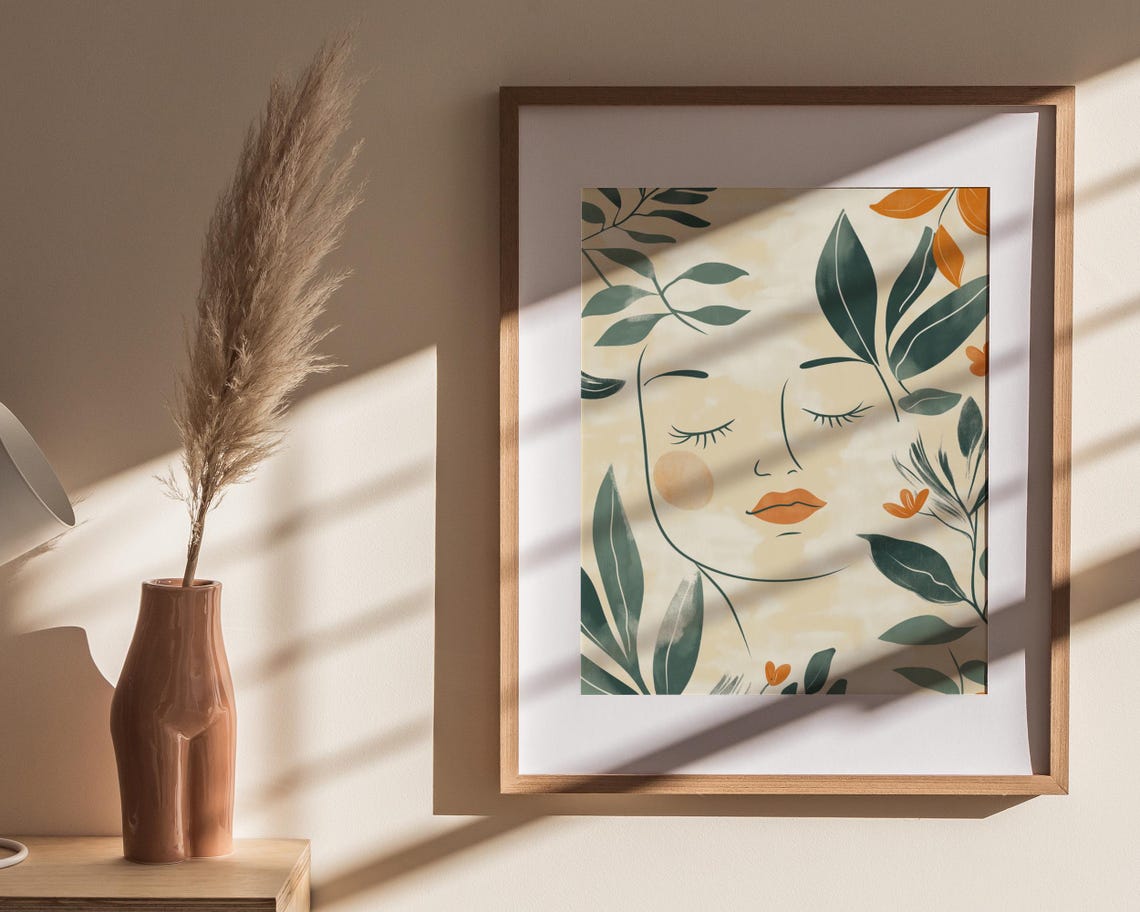 Terracotta Lips Botanical Woman Face Cream Floral Line Art Poster - Image 3
