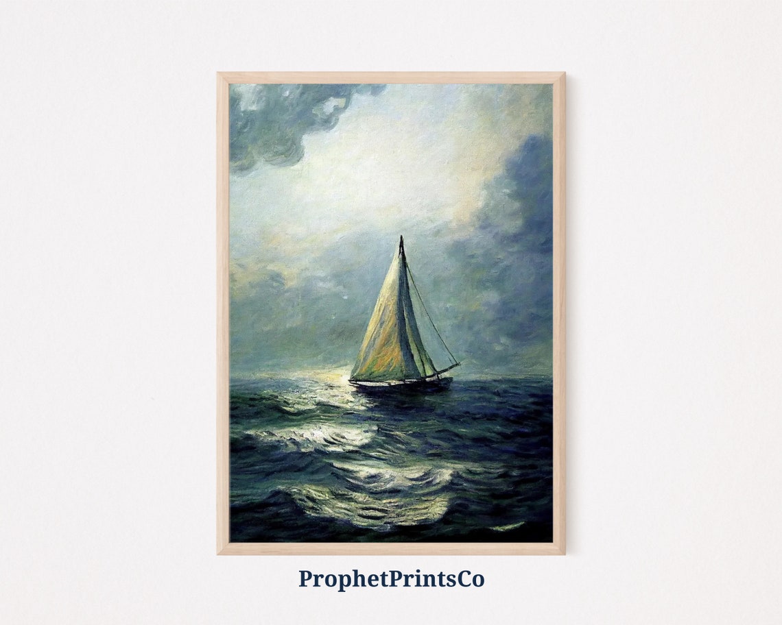 Moonlit Sailboat Sailing Through Misty Dark Blue Seas Poster