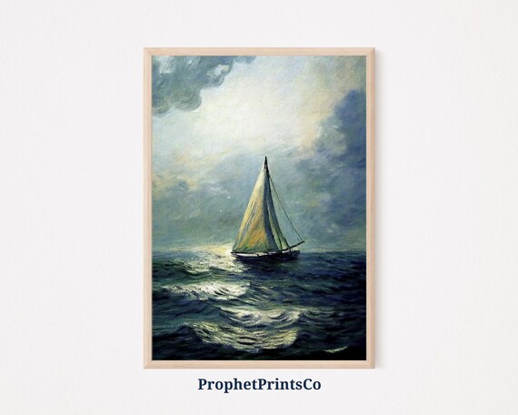 Moonlit Sailboat Sailing Through Misty Dark Blue Seas Poster