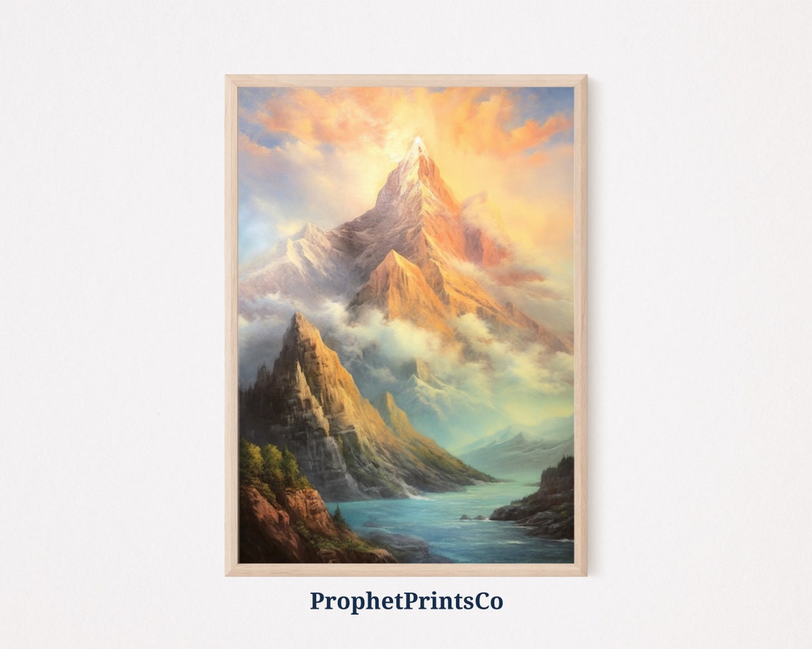 Majestic Mountain Peak Oil Painting Golden Summit Cloud Sea Poster