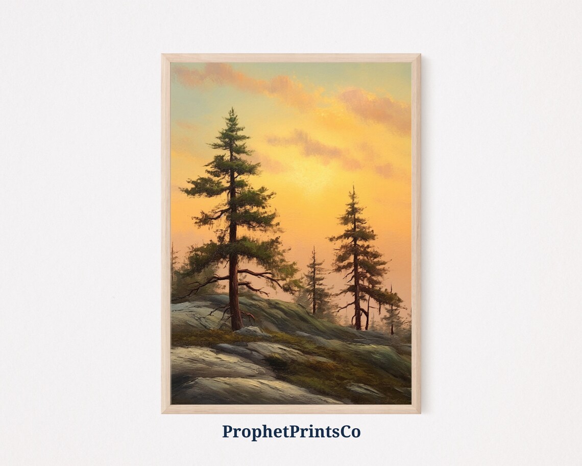 Golden Sunset Pines Oil Painting Rocky Ridge Evergreen Trees Poster