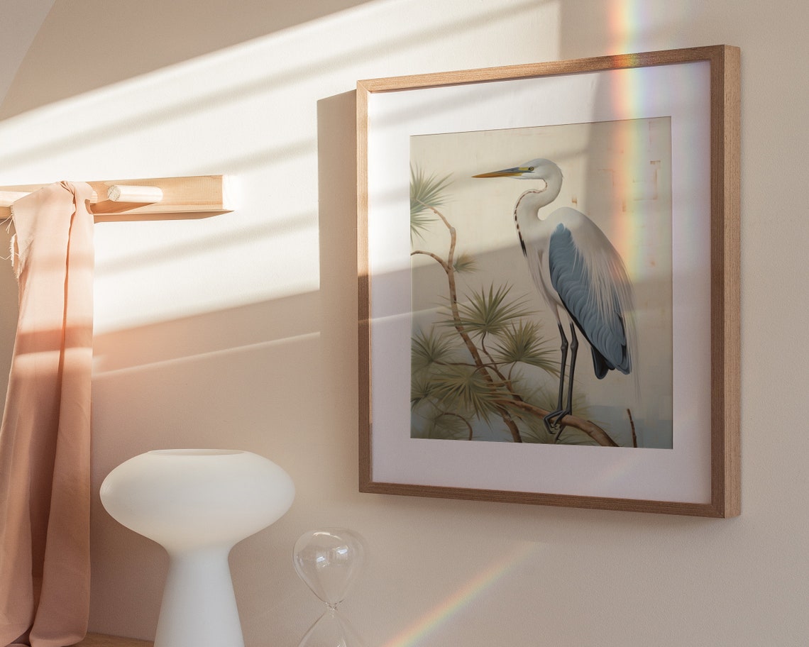 White Heron Perched On Branch Minimalist Cream Bird Art Poster - Image 3