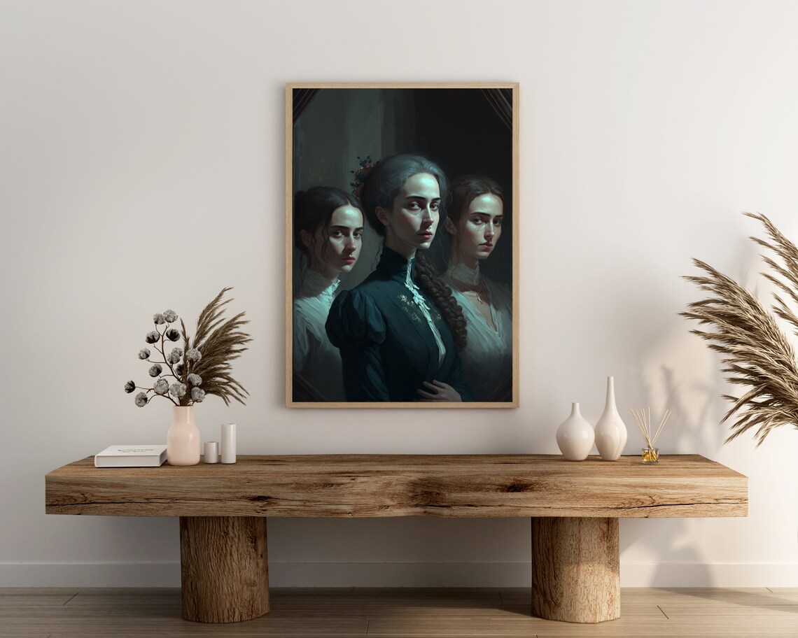 Three Victorian Sisters Dark Academia Moody Portrait Oil Painting Poster - Image 3