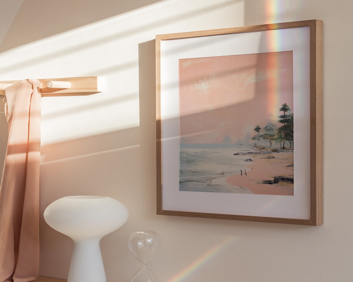 Serene Pink Beach Couple Strolling Pastel Coastal Sunset Art Poster - Image 3