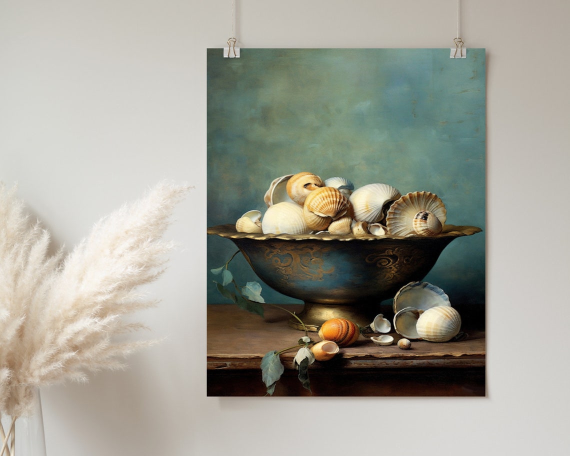 Seashell Still Life Ornate Bowl Teal Coastal Oil Painting Poster - Image 2
