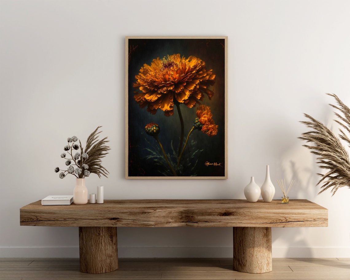 Burnt Orange Marigold Bloom Painterly Moody Dark Botanical Poster - Image 3