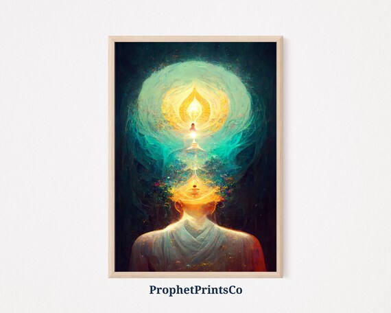 Meditating Figure with Radiant Crown Chakra Energy Glow Poster