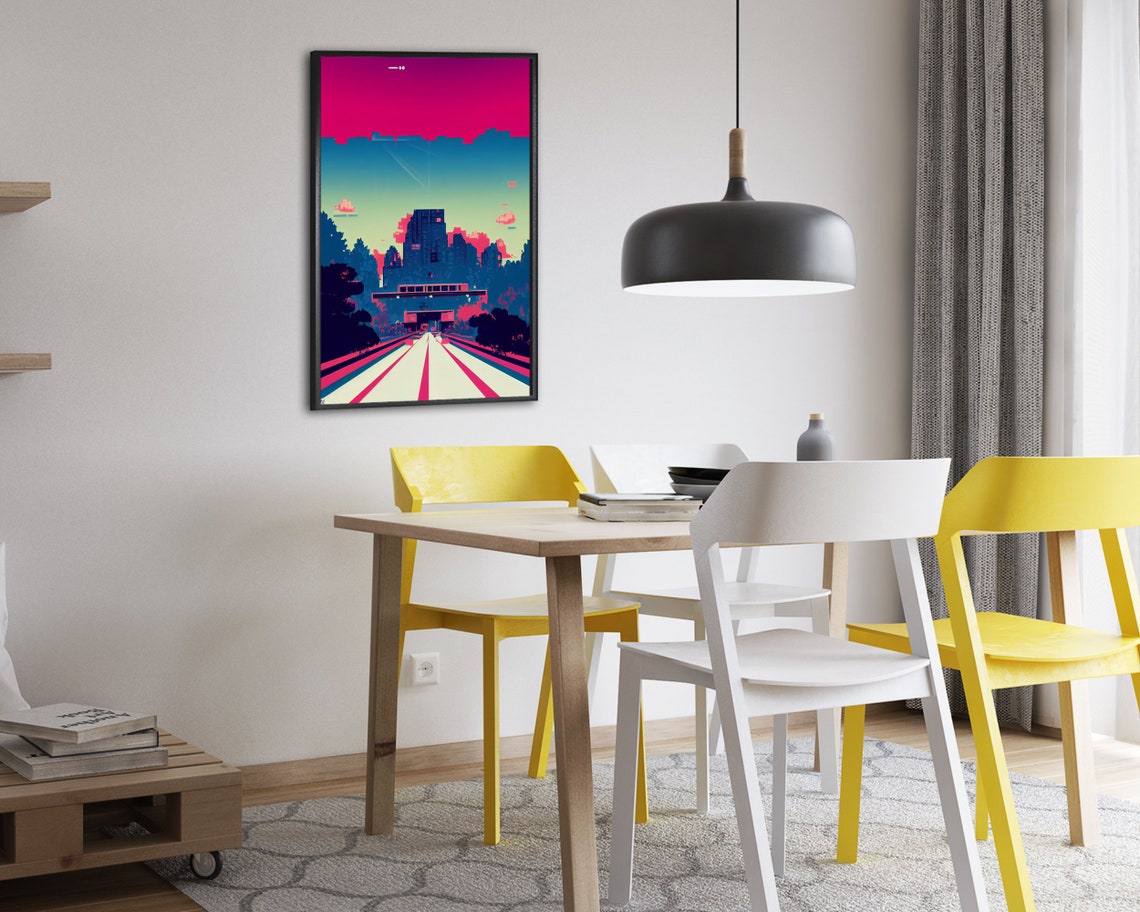 Retro Synthwave Road to City Magenta Sunset Pixel Art Poster - Image 2