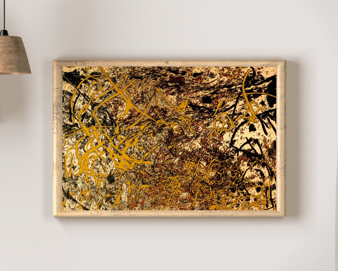 Abstract Expressionist Drip Painting Gold Black Mid Century Poster - Image 2