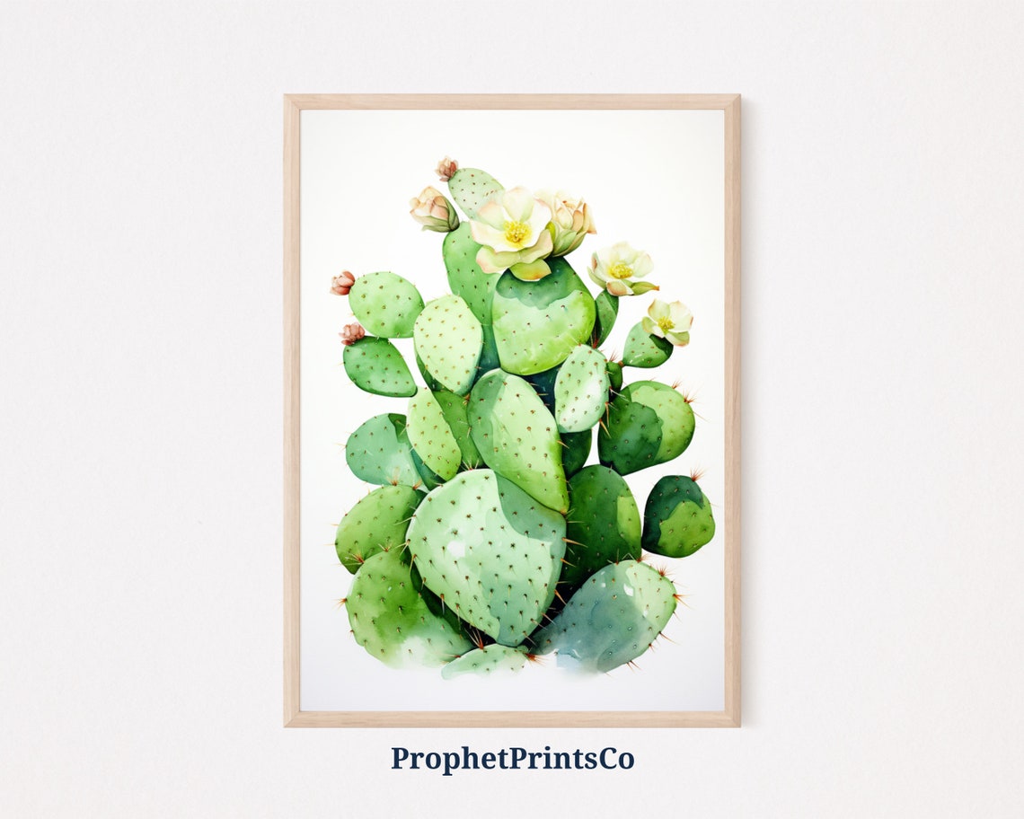 Prickly Pear Cactus White Blossoms Watercolor Desert Art Poster