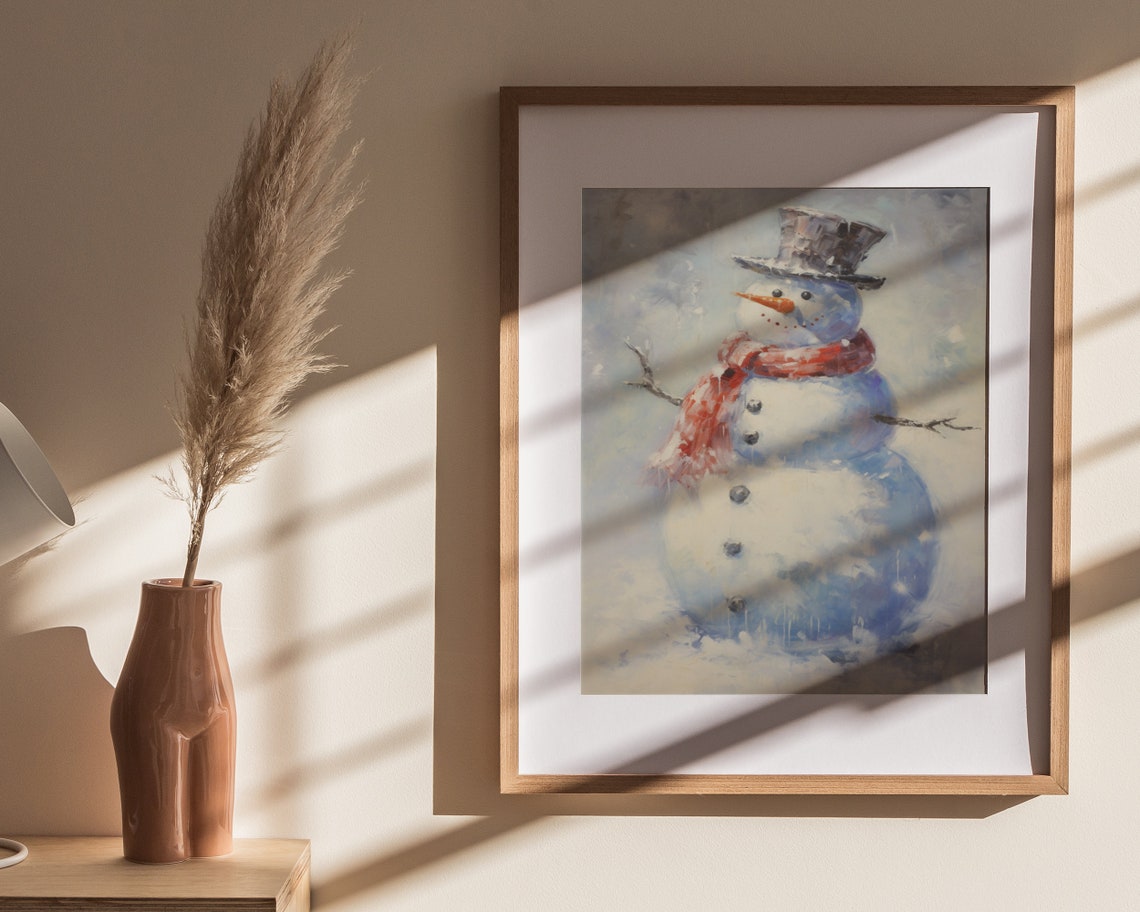 Happy Snowman Red Scarf Falling Snow Close Up Christmas Art Poster - Image 4