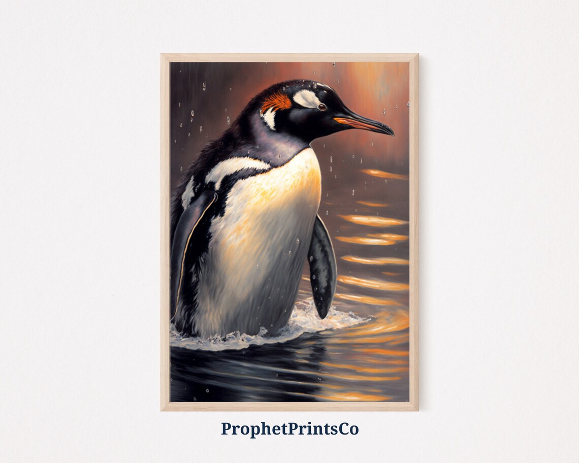Gentoo Penguin Wading Golden Sunset Water Oil Painting Poster