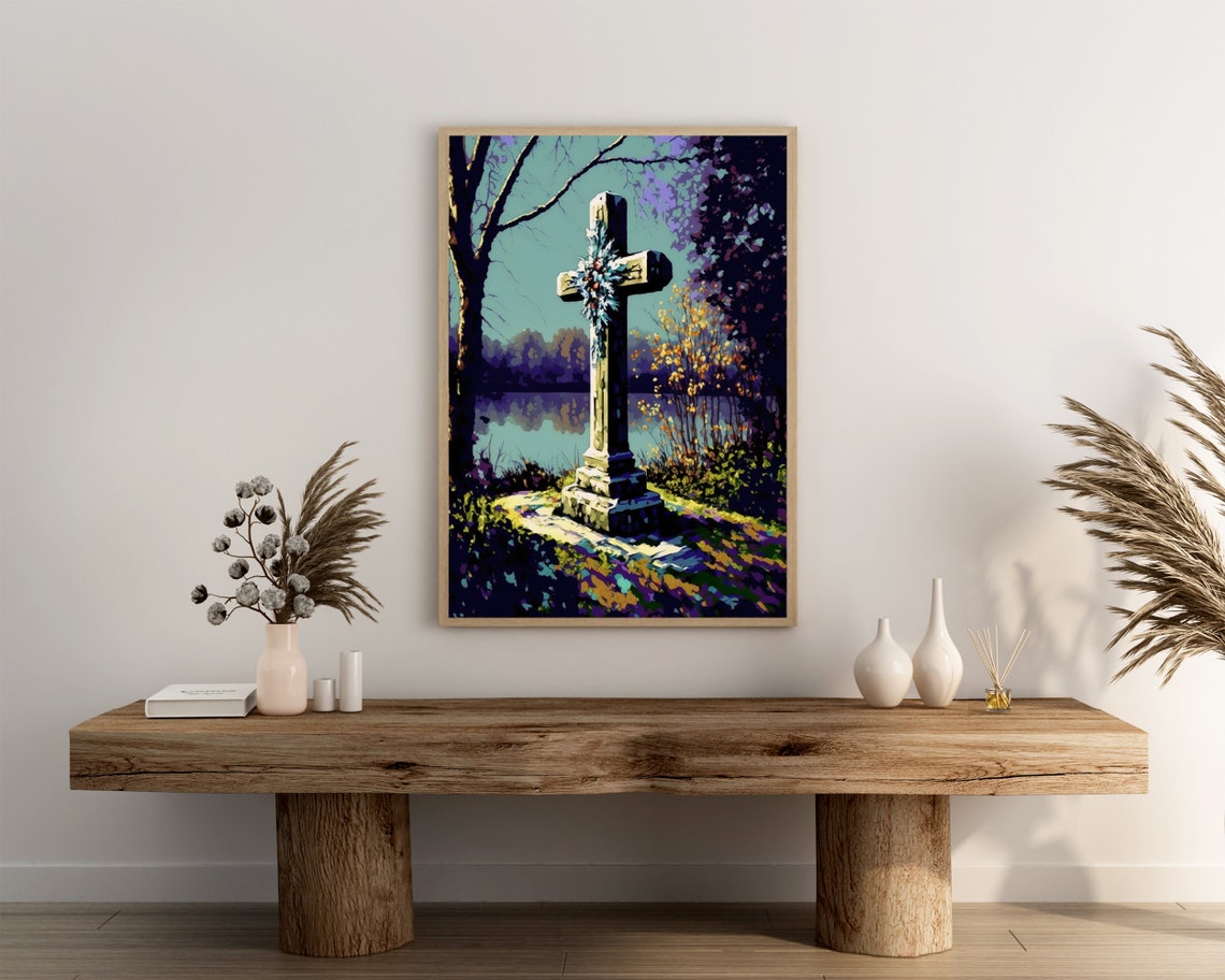 Wreathed Stone Cross by a Quiet Lake in Teal Autumn Light Poster - Image 3