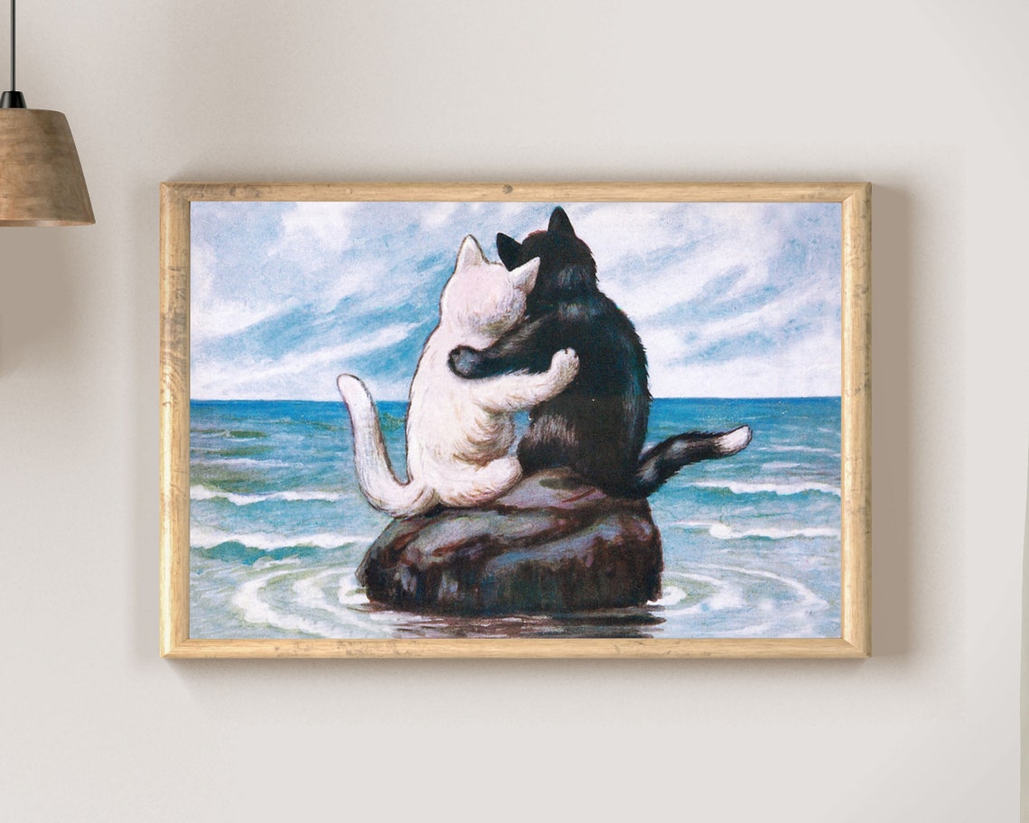 Two Cats Hugging On Rock By The Sea Vintage Heartwarming Poster - Image 2