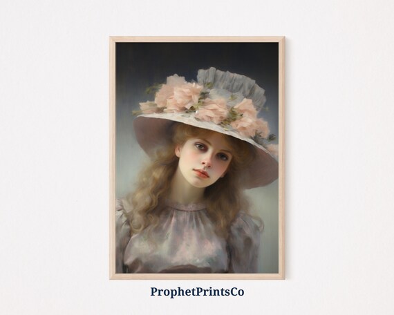 Coquette Vintage Lady Floral Hat Soft Pastel Portrait Wall Poster