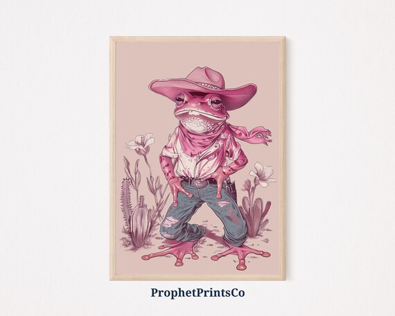Pink Cowboy Frog Ripped Jeans Cactus Desert Scene Western Art Poster