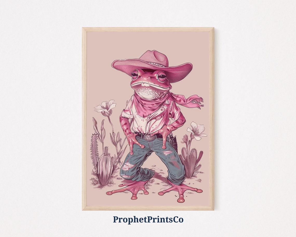 Pink Cowboy Frog Ripped Jeans Cactus Desert Scene Western Art Poster