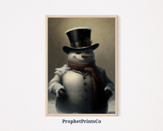 Dapper Snowman Top Hat Burgundy Scarf Painted Winter Art Poster