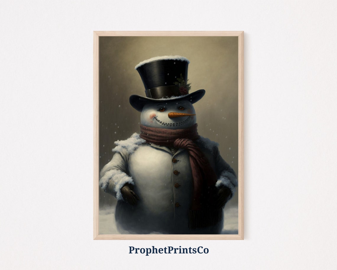 Dapper Snowman Top Hat Burgundy Scarf Painted Winter Art Poster