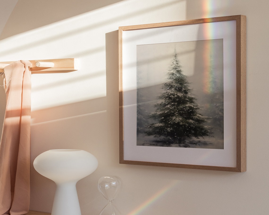 Snowy Pine Tree Misty Winter Minimalist Oil Painting Wall Poster - Image 3