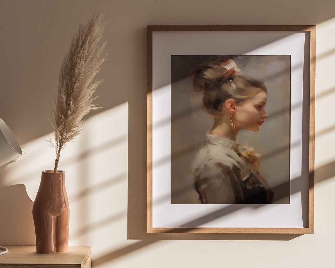 Vintage Woman Portrait Gold Earring Soft Oil Painting Art Poster - Image 4