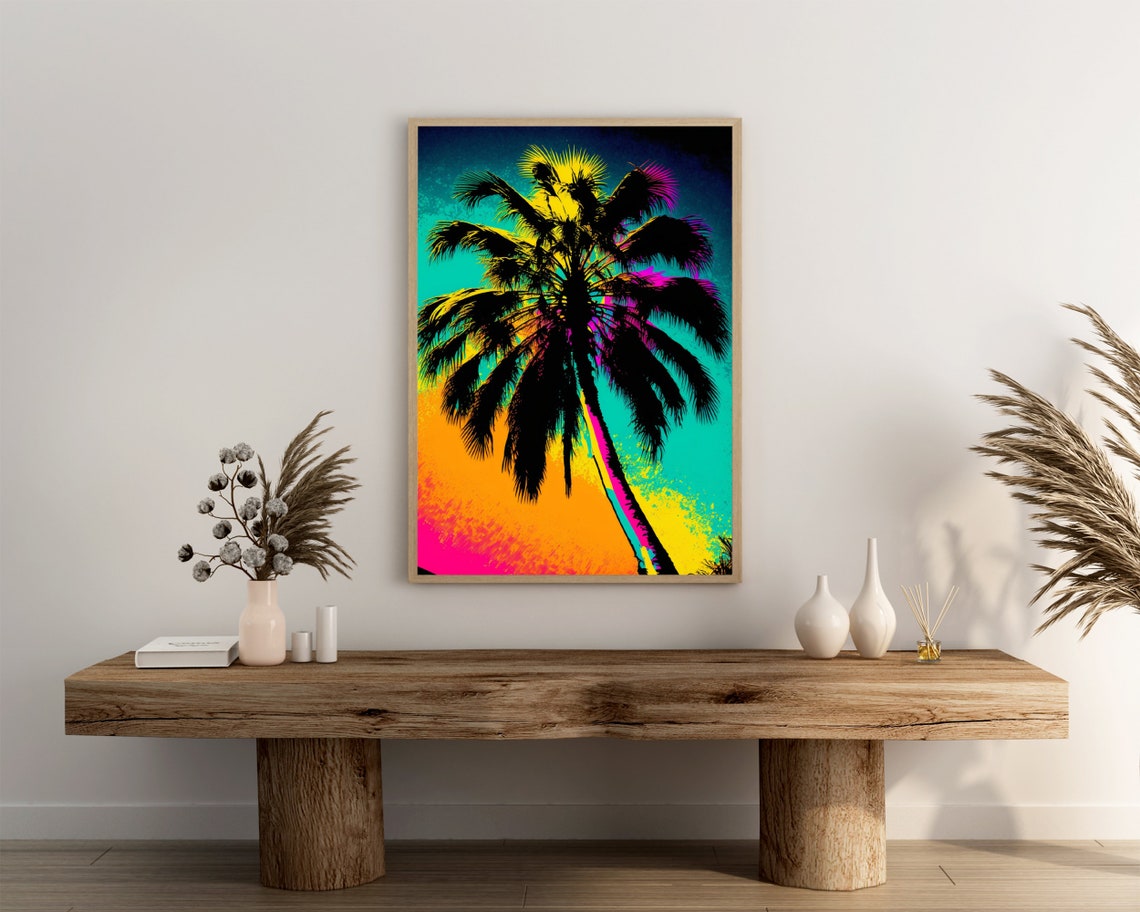 Black Palm Silhouette Neon Fronds Teal Sunset Graphic Poster - Image 3