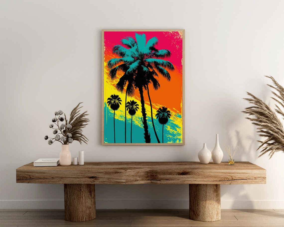 Teal Palm Tree Silhouettes Retro Sunset Orange Red Art Poster - Image 3