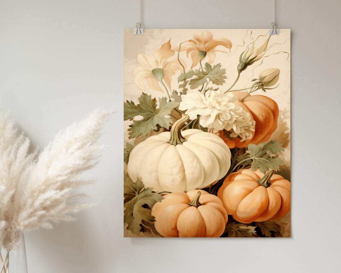 Pumpkins With White Flowers Vintage Botanical Autumn Art Poster - Image 2