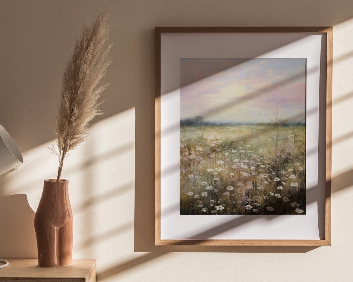 White Daisy Meadow Sunrise Soft Pastel Floral Landscape Poster - Image 4