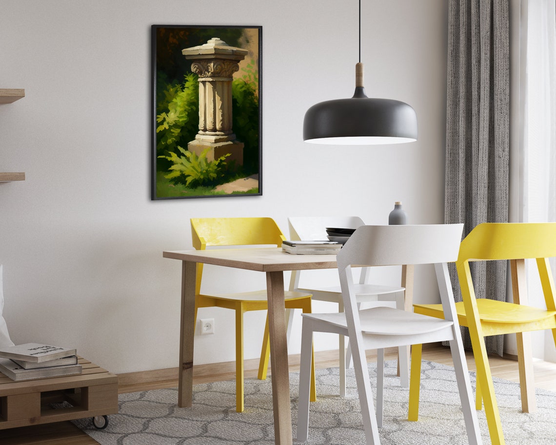 Stone Garden Pedestal Oil Painting Classical Ferns Sunlit Ruin Poster - Image 2