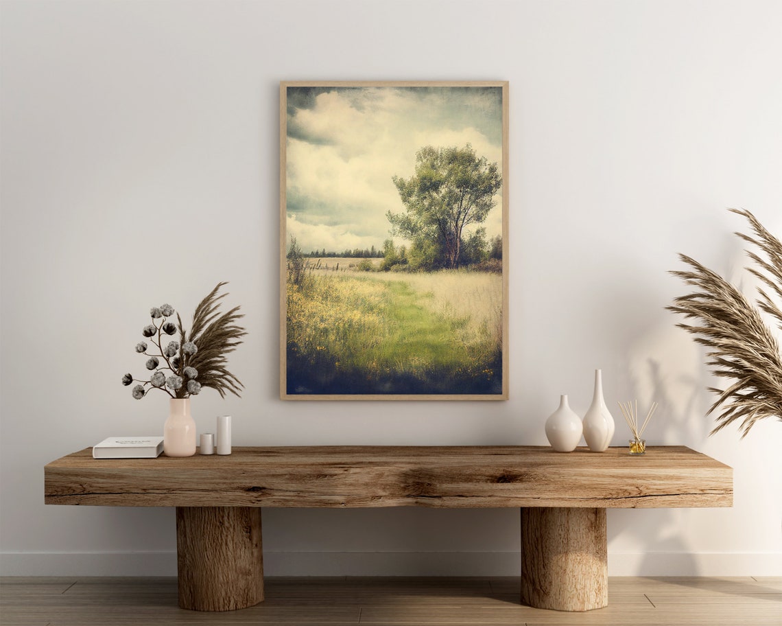 Golden Wheat Field Meadow Lone Tree Cloudy Sky Vintage Poster - Image 3
