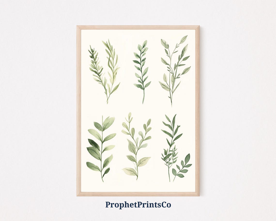 Watercolor Green Leaf Sprigs Botanical Study Neutral Home Poster