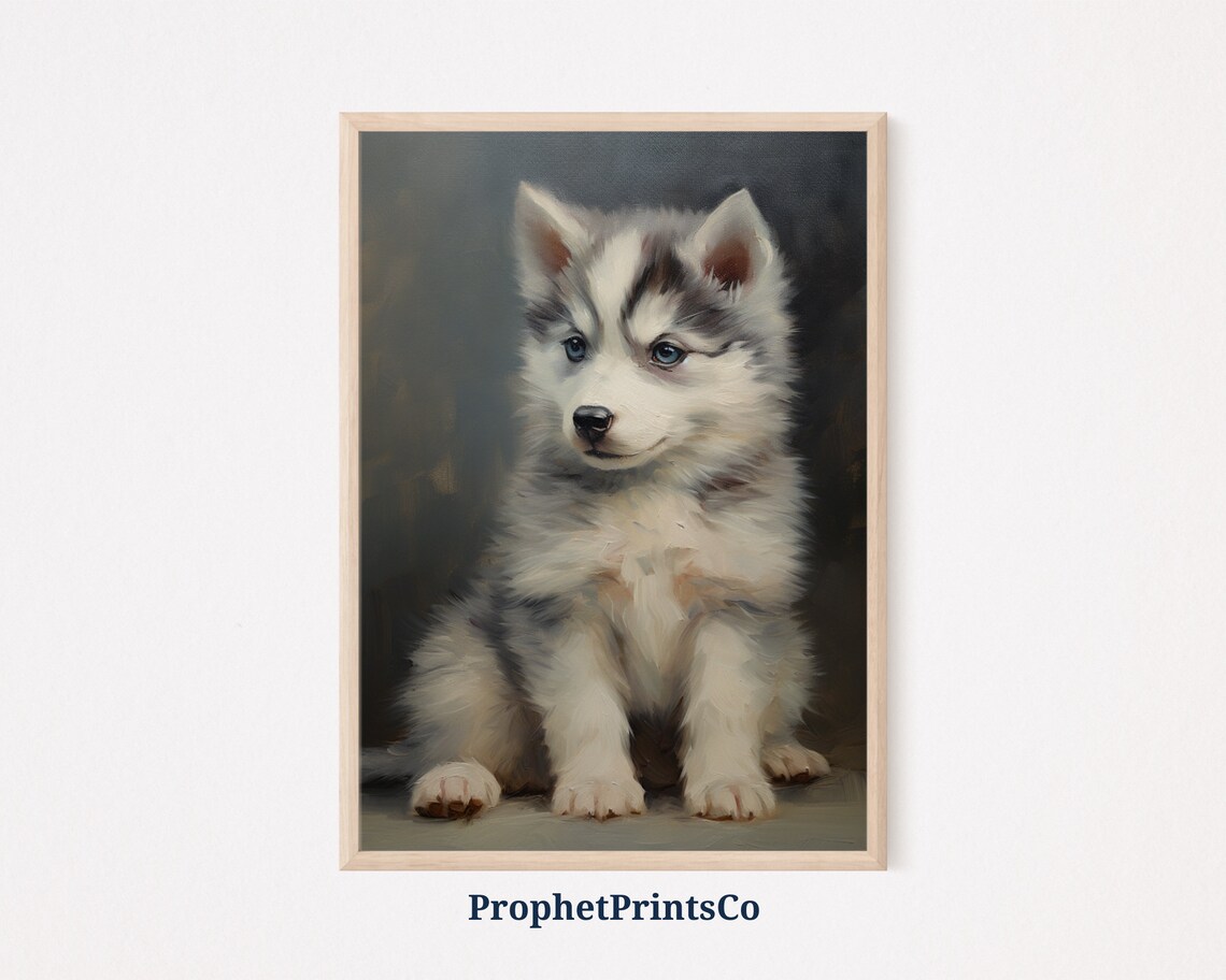 Fluffy Husky Puppy on Dark Background Dramatic Puppy Portrait Painting Poster