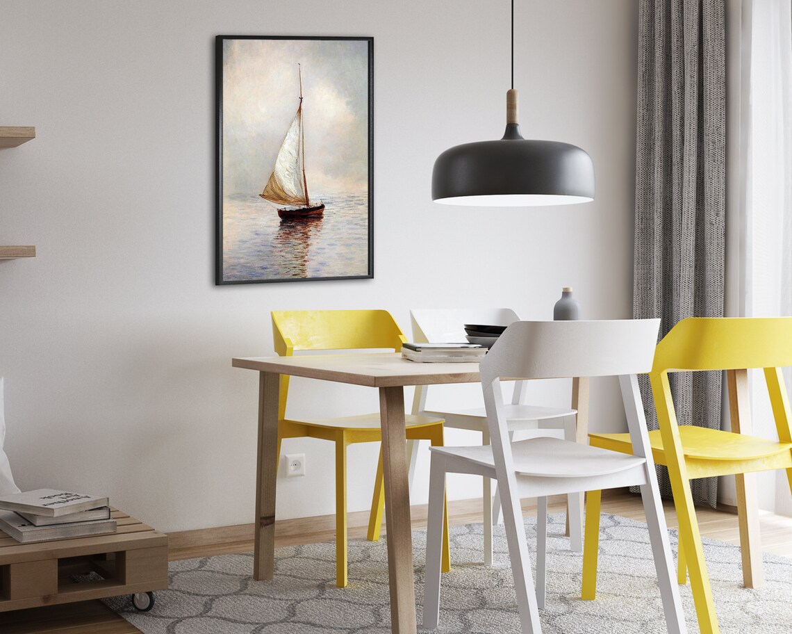 Lone Sailboat on a Misty Calm Sea Impressionist Painting Poster - Image 2