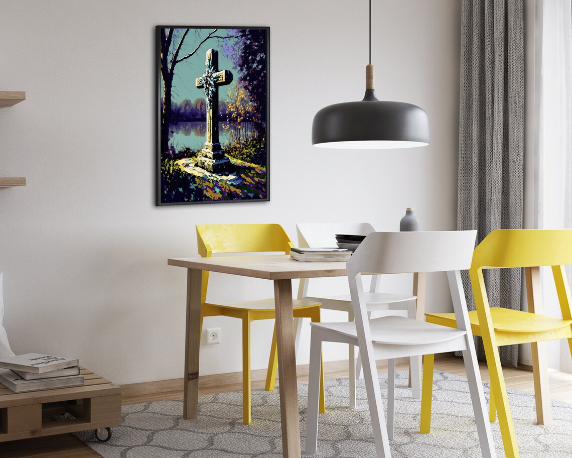 Wreathed Stone Cross by a Quiet Lake in Teal Autumn Light Poster - Image 2